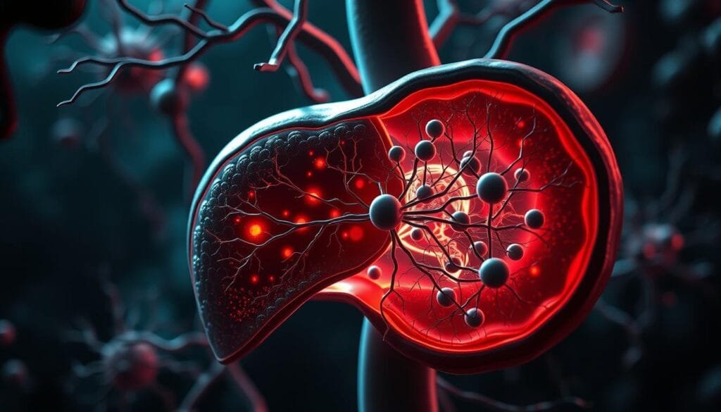 Detailed anatomical illustration of oxidative stress, showcasing the cellular mechanisms behind liver inflammation and damage. Depict mitochondria, free radicals, and antioxidant systems in a cutaway view of hepatocytes, with subtle chromatic aberration and muted tones to convey the technical and clinical nature of the subject matter. Use chiaroscuro lighting to emphasize the complex interplay of factors, creating an atmospheric and introspective mood. Render the scene with a photorealistic style, including depth of field and subtle lens distortions for a sense of medical authenticity.