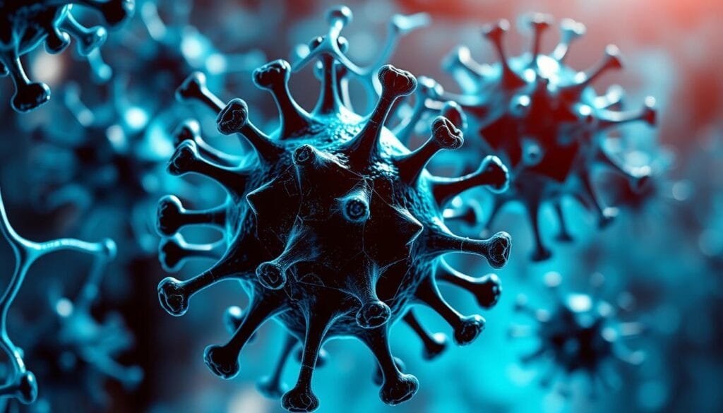 Detailed closeup of reactive oxygen species and oxidative stress radicals, with a vibrant, electric blue color palette. Dramatic lighting from above, casting long shadows to emphasize the dynamic, swirling energy of the free radicals. Intricate, molecular-scale structures with a sense of movement and chaos, conveying the disruption and damage caused by oxidative stress. Precise, almost scientific illustration style with a hint of ominous, foreboding atmosphere. Sharp focus on the foreground, with a slightly blurred, out-of-focus background to draw the eye to the central radicals. Overall, a powerful, impactful visual metaphor for the mechanisms underlying inflammation and immune system dysregulation.