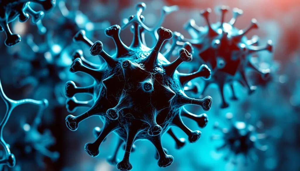 Detailed closeup of reactive oxygen species and oxidative stress radicals, with a vibrant, electric blue color palette. Dramatic lighting from above, casting long shadows to emphasize the dynamic, swirling energy of the free radicals. Intricate, molecular-scale structures with a sense of movement and chaos, conveying the disruption and damage caused by oxidative stress. Precise, almost scientific illustration style with a hint of ominous, foreboding atmosphere. Sharp focus on the foreground, with a slightly blurred, out-of-focus background to draw the eye to the central radicals. Overall, a powerful, impactful visual metaphor for the mechanisms underlying inflammation and immune system dysregulation.