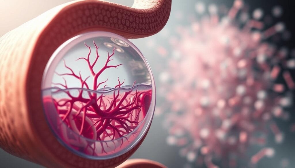 Detailed cross-section of a hydrogen-rich water gut barrier, revealing its intricate structure and function. In the foreground, a magnified view showcases the semipermeable epithelial layer, selectively allowing the passage of nutrients and water while preventing the entry of harmful substances. The middle ground depicts the underlying network of blood vessels, nerve endings, and immune cells, working in harmony to maintain gut homeostasis. In the background, a hazy representation of the diverse gut microbiome, illustrating the delicate balance between commensal microbes and the protective barrier. Soft, diffused lighting casts a warm, natural glow, emphasizing the organic nature of this vital biological system. Rendered with scientific accuracy and a touch of artistic flair, capturing the essence of the "Barrier Integrity and Microbes" section.