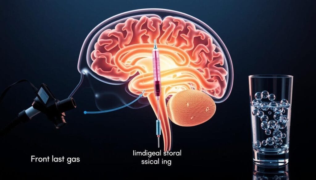 Detailed cross-section of the human brain, showcasing the administration routes for hydrogen delivery. A translucent skull in the background, with the frontal lobe, cortex, and subcortical regions visible. In the foreground, three distinct delivery methods are illustrated: a gas mask dispensing hydrogen gas, an intravenous line administering hydrogen-infused saline, and a glass of water with hydrogen-rich bubbles. The lighting is soft and scientific, casting a gentle glow on the intricate neural structures. The overall tone is informative and educational, emphasizing the importance of understanding hydrogen's effects on the brain.