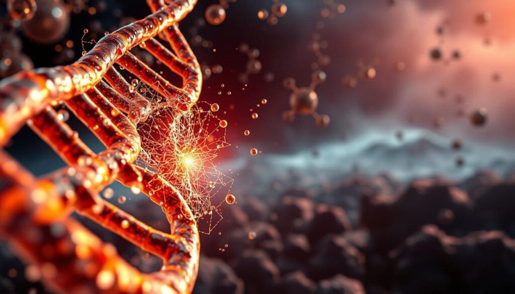 Detailed oxidative stress illustration showcasing molecular damage. In the foreground, a high-magnification view of DNA strands fractured by free radicals, with an intricate web of reactive oxygen species depicted in vibrant hues. In the middle ground, a cross-section of a mitochondrion overwhelmed by oxidative burden, its membrane compromised. In the background, a panoramic landscape of cellular components - proteins, lipids, and organelles - succumbing to the relentless onslaught of oxidative stress, cast in a moody, atmospheric lighting that conveys the gravity of the situation. Rendered with photorealistic precision and a sense of scientific authenticity, this image aims to visually represent the complex, multi-faceted nature of oxidative stress at the molecular level.