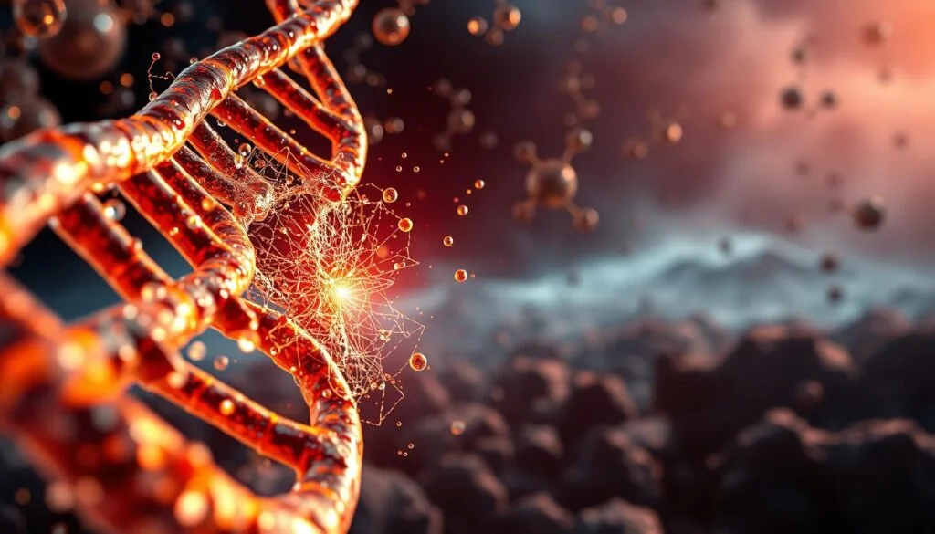 Detailed oxidative stress illustration showcasing molecular damage. In the foreground, a high-magnification view of DNA strands fractured by free radicals, with an intricate web of reactive oxygen species depicted in vibrant hues. In the middle ground, a cross-section of a mitochondrion overwhelmed by oxidative burden, its membrane compromised. In the background, a panoramic landscape of cellular components - proteins, lipids, and organelles - succumbing to the relentless onslaught of oxidative stress, cast in a moody, atmospheric lighting that conveys the gravity of the situation. Rendered with photorealistic precision and a sense of scientific authenticity, this image aims to visually represent the complex, multi-faceted nature of oxidative stress at the molecular level.