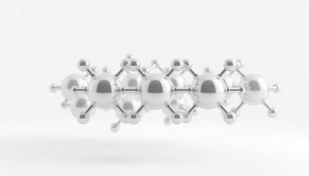 High-resolution, detailed 3D render of hydrogen molecules, with a clean, minimalist white background. The hydrogen atoms are represented as shiny, translucent spheres, subtly glowing in a soft, diffuse light. The molecules are arranged in a symmetrical, overlapping pattern, creating a sense of structure and organization. The overall composition is balanced, allowing the viewer to focus on the intricate details and elegant simplicity of the hydrogen molecules. The scene conveys a sense of purity, lightness, and the essential role of hydrogen in sustaining life.