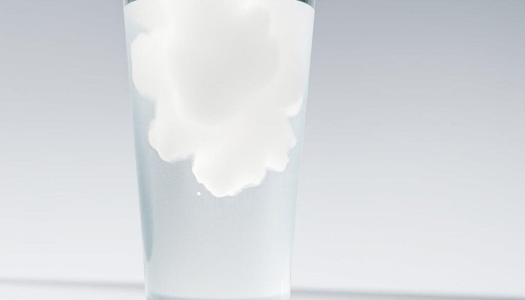 a detailed close-up view of cloudy hydrogen-infused water in a glass, with the water appearing hazy and opaque, showcasing the reasons for the cloudiness. The glass is positioned in the foreground, with a clean, minimalist background to emphasize the water's properties. Bright, natural lighting from the side illuminates the glass, creating highlights and shadows that enhance the depth and texture of the cloudy water. The camera angle is slightly elevated, allowing the viewer to observe the water's characteristics from an informative, analytical perspective, as if examining a scientific sample.