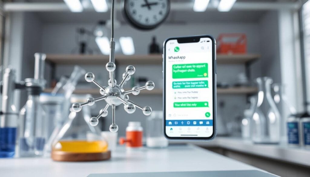 A brightly lit laboratory setting with a prominently displayed molecular hydrogen model suspended in the foreground. In the middle ground, a smartphone displaying a WhatsApp chat interface, conveying the concept of easy accessibility and support. The background features various scientific equipment and glassware, creating an atmosphere of expertise and professionalism. Soft, directional lighting casts subtle shadows, emphasizing the three-dimensional nature of the scene. The overall mood is one of innovation, technology, and a commitment to customer service.