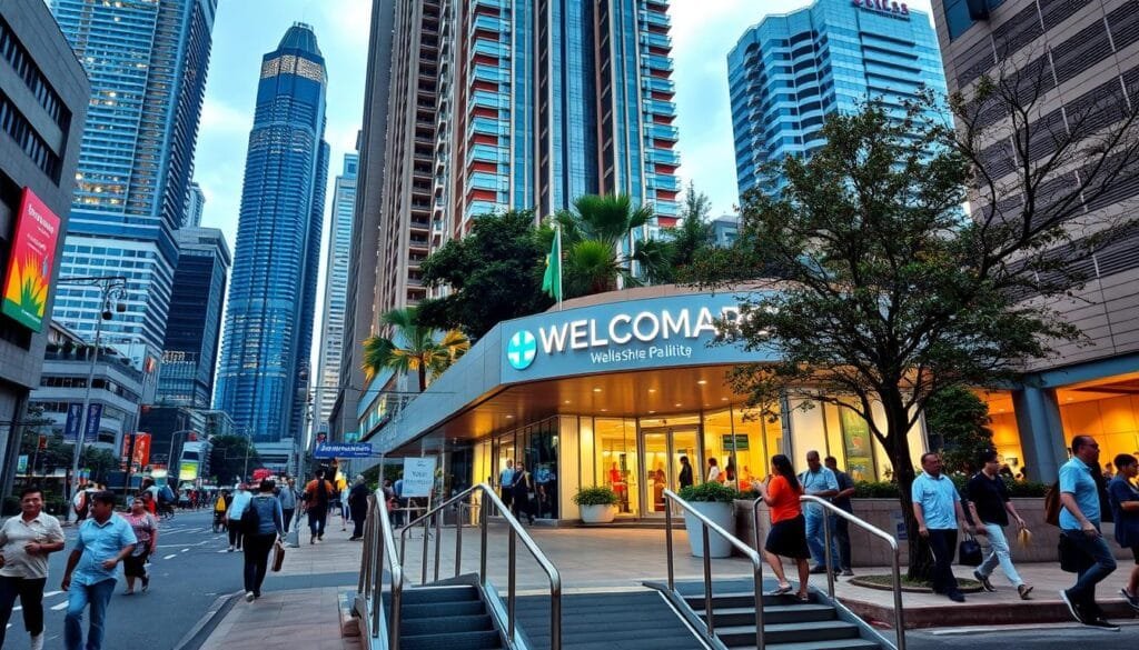 A bustling urban street in Kuala Lumpur, Malaysia, with towering skyscrapers in the background and a diverse mix of people navigating the sidewalks. The foreground features a ramp leading up to a modern medical facility, its entrance adorned with a welcoming sign. The scene conveys a sense of accessibility, with the ramp ensuring ease of access for patients, including those in wheelchairs or with mobility challenges. The lighting is warm and natural, casting a gentle glow over the scene and creating a welcoming atmosphere. The overall composition emphasizes the integration of healthcare infrastructure with the local urban landscape, reflecting the section's focus on the local context and patient support in Malaysia.