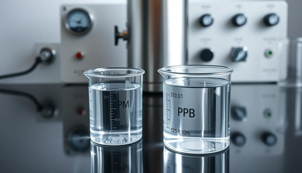 A clean, minimalist laboratory setting with a glossy black surface. In the foreground, two clear glass beakers filled with water, one labeled "PPM" and the other "PPB". The beakers are illuminated by a soft, diffused light, casting subtle reflections on the surface. In the background, a sleek, steel apparatus with dials and readouts, hinting at the scientific instrumentation used to measure hydrogen levels. The overall mood is one of precision, clarity, and scientific inquiry, inviting the viewer to explore the nuances of hydrogen water concentrations.