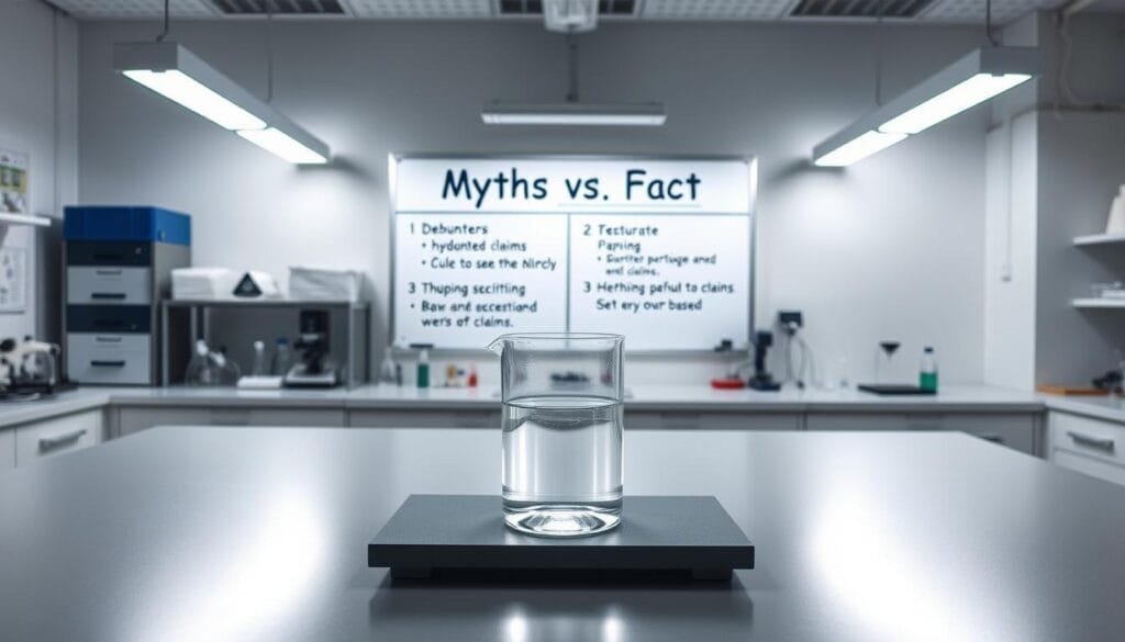 A clean, well-lit laboratory setting with a prominent table in the foreground. On the table, an assortment of scientific equipment and glassware, including a beaker filled with clear liquid, representing "hydrogen water." In the background, a whiteboard displaying the words "Myths vs. Facts" in bold text, with the "Myths" section containing debunked claims about hydrogen water, and the "Facts" section providing accurate, science-based information. The lighting is bright and even, creating a professional, authoritative atmosphere. The overall tone is one of clarity and objectivity, guiding the viewer to a deeper understanding of the realities surrounding hydrogen water.