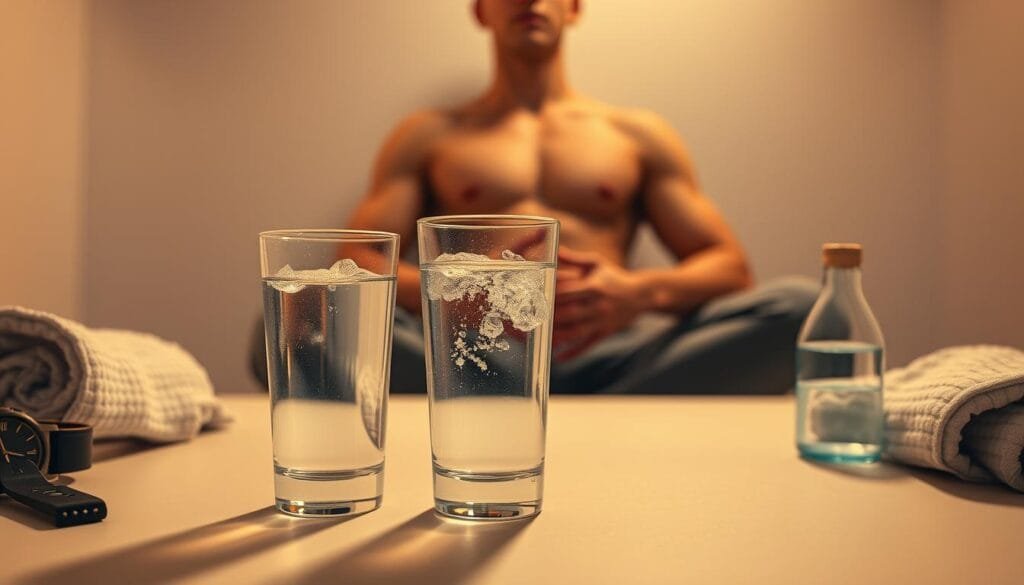 A clean, well-lit studio scene depicting the recovery timeline for a person drinking hydrogen-infused water. In the foreground, an elegant glass with water and bubbles, surrounded by a minimalist arrangement of relevant wellness items - a sports watch, a towel, and a small glass bottle. In the middle ground, a person's torso and hands are shown, resting comfortably against a soft, neutral background. The lighting is warm and diffused, creating a calming, introspective atmosphere. The composition is balanced and symmetrical, guiding the viewer's eye through the scene. Technical details include a wide-angle lens and a shallow depth of field, emphasizing the central subject. The overall mood evokes a sense of wellness, renewal, and the measured progress of the recovery timeline.