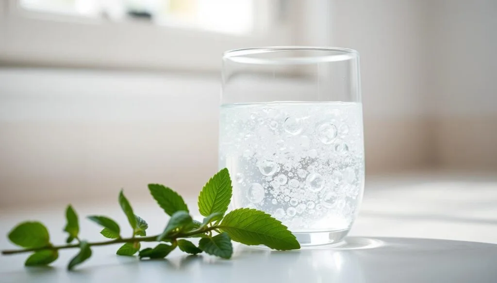 A clear glass container filled with crystalline hydrogen-infused water, resting on a clean, minimalist countertop. The container is illuminated by soft, natural lighting from a window, casting a gentle glow. In the foreground, a sprig of fresh mint leaves and a few bubbles rise to the surface, hinting at the refreshing and revitalizing properties of the water. The background is blurred, creating a sense of focus and attention on the hydrating elixir. The overall scene conveys a sense of purity, simplicity, and wellness, inviting the viewer to imagine the beneficial effects of incorporating homemade hydrogen water into their skincare routine.