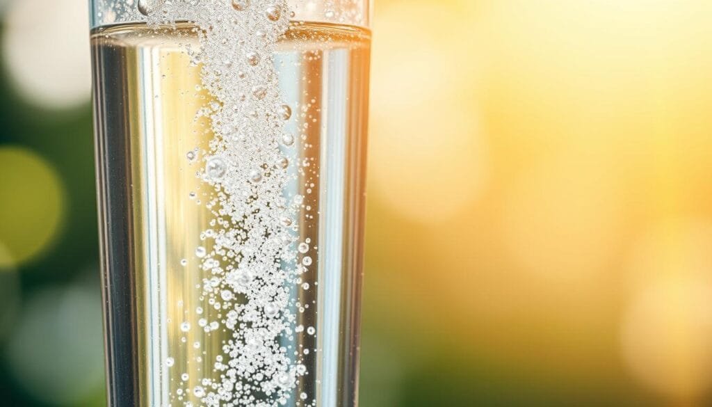 A clear glass container filled with sparkling, translucent water, casting gentle reflections. In the foreground, a stream of tiny, rising hydrogen bubbles creates a mesmerizing, effervescent effect. The background features a soft, blurred gradient, hinting at a serene, natural setting. Warm, natural lighting bathes the scene, creating a calming, wellness-focused atmosphere. The composition emphasizes the purity and vitality of the hydrogen-rich water, inviting the viewer to explore its potential health benefits.