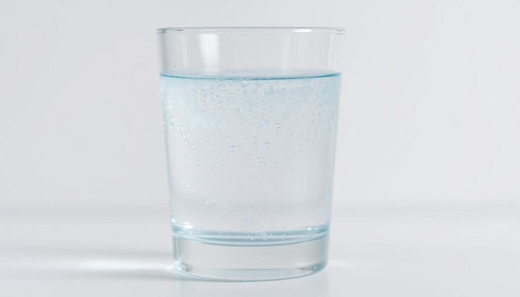 A clear glass filled with sparkling, iridescent water that appears to have tiny bubbles suspended within. The water has a slightly bluish-green hue, reflecting the natural hydrogen content. The glass is set against a soft, out-of-focus background, perhaps a white table or counter, creating a clean, minimalist composition. Soft, diffused lighting gently illuminates the water, highlighting its translucent, almost ethereal quality. The overall mood is one of purity, serenity, and the natural, life-giving properties of hydrogen-rich water.