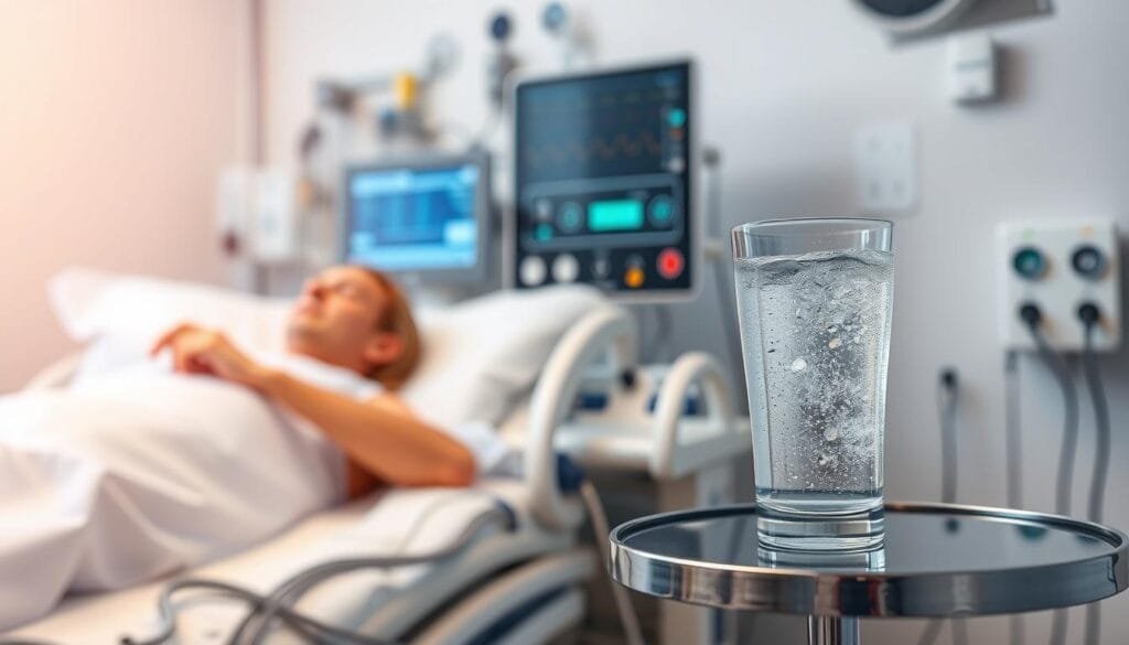 A clinical setting with a patient undergoing renal dialysis, the dialysis machine prominently featured in the foreground, surrounded by medical equipment and supplies. In the background, a glass of clear, sparkling "hydrogen-rich water" positioned on a side table, symbolizing the potential benefits of this water for renal health and reducing dialysis-related fatigue and oxidative stress. Soft, diffused lighting creates a calm, serene atmosphere, emphasizing the importance of this hydration solution for dialysis patients. The overall composition conveys the connection between renal dialysis and the role of hydrogen-rich water in supporting better health outcomes.