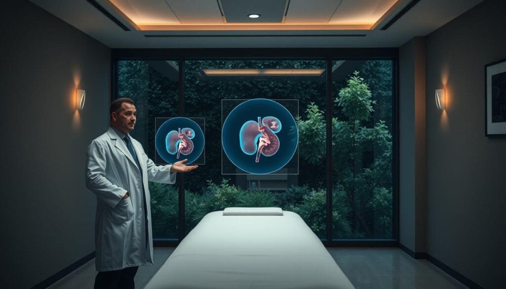 A clinical yet calming examination room, dimly lit with soft overhead lighting casting a warm glow. In the foreground, a professional medical practitioner, clad in a white coat, stands with a reassuring posture, gesturing towards a holographic display showcasing detailed prostate imagery. The middle ground features a sleek, minimalist examination table, with clean, crisp linen. In the background, a large window overlooks a lush, verdant garden, symbolizing the natural and wellness-focused approach to prostate health guidance. The overall atmosphere conveys a sense of trust, expertise, and a holistic, personalized approach to prostate care.