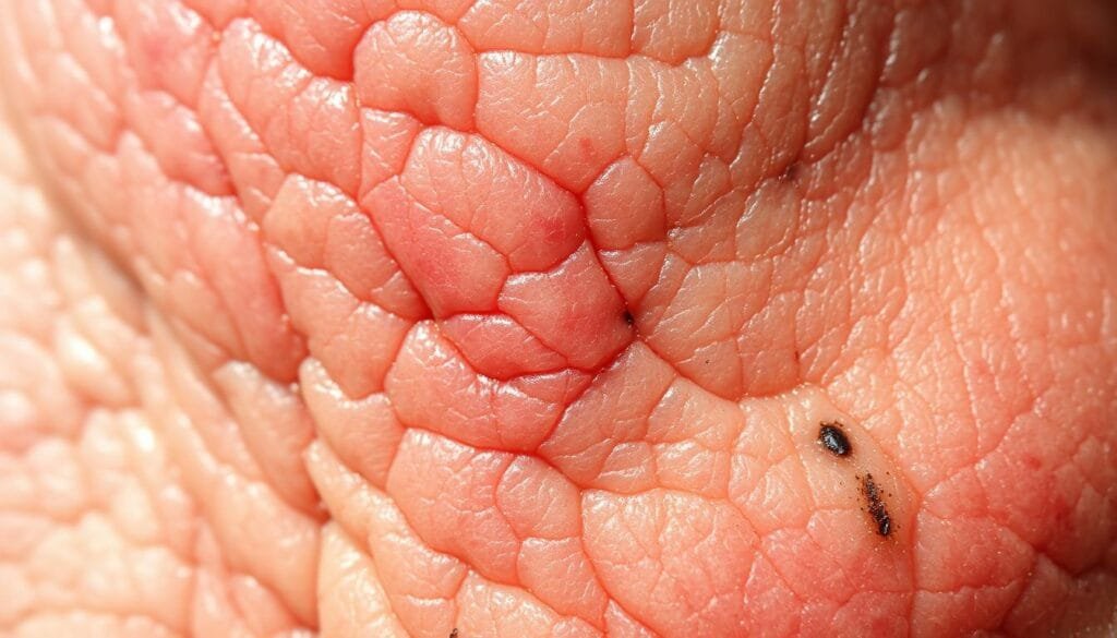 A close-up view of oxidatively stressed human skin, captured under natural sunlight with a macro lens. The epidermis appears inflamed, with visible redness, roughness, and uneven tone. Minute cracks and wrinkles are visible, suggesting premature aging. The skin's surface has a dull, dehydrated appearance, with subtle discoloration and dark spots. The overall scene conveys a sense of environmental stress and accelerated deterioration, reflecting the underlying physiological processes of oxidative damage and inflammation.