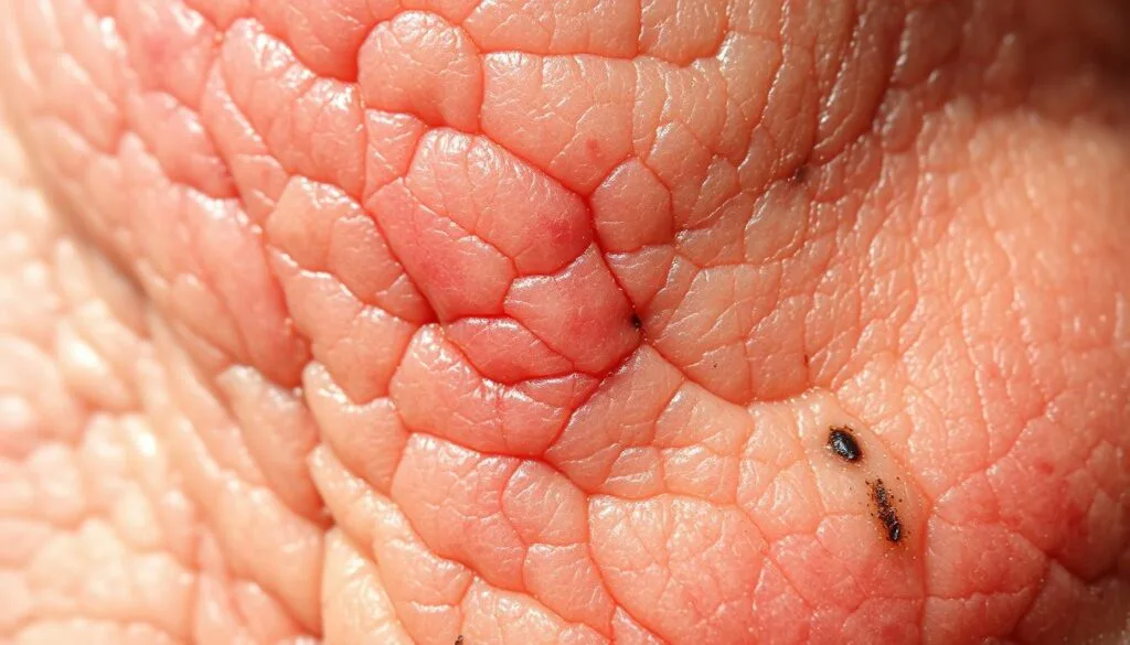 A close-up view of oxidatively stressed human skin, captured under natural sunlight with a macro lens. The epidermis appears inflamed, with visible redness, roughness, and uneven tone. Minute cracks and wrinkles are visible, suggesting premature aging. The skin's surface has a dull, dehydrated appearance, with subtle discoloration and dark spots. The overall scene conveys a sense of environmental stress and accelerated deterioration, reflecting the underlying physiological processes of oxidative damage and inflammation. A close-up view of oxidatively stressed human skin, captured under natural sunlight with a macro lens. The epidermis appears inflamed, with visible redness, roughness, and uneven tone. Minute cracks and wrinkles are visible, suggesting premature aging. The skin's surface has a dull, dehydrated appearance, with subtle discoloration and dark spots. The overall scene conveys a sense of environmental stress and accelerated deterioration, reflecting the underlying physiological processes of oxidative damage and inflammation.