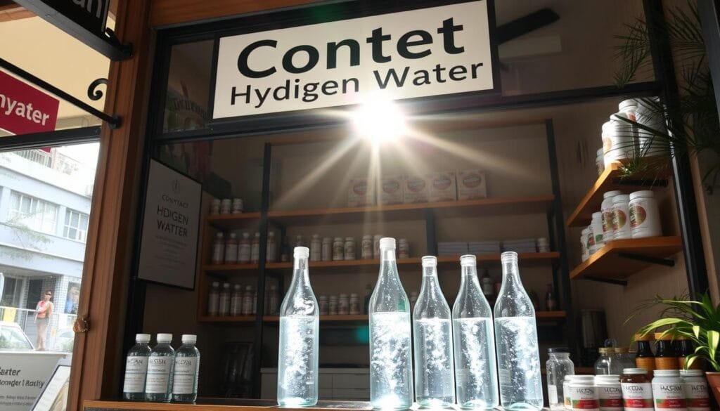 A cozy storefront in a bustling Malaysian town, with the facade adorned with a simple "Contact Hydrogen Water" sign. The sun filters in through large windows, casting a warm glow on the glass bottles filled with sparkling, iridescent water. Shelves behind the counter display various health supplements and wellness products, all with a focus on the natural healing properties of hydrogen-rich water. The atmosphere is inviting, with a blend of modern design and traditional Malaysian elements, creating a space that feels both contemporary and rooted in local tradition. The lighting is soft and natural, highlighting the organic, artisanal nature of the products on display.