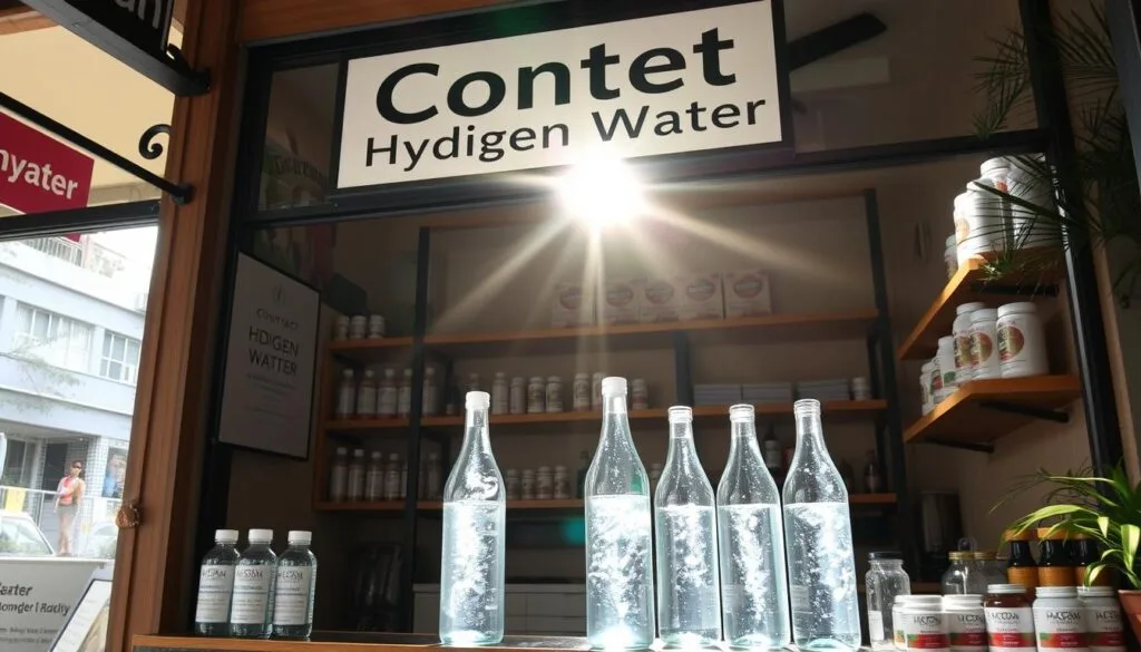 A cozy storefront in a bustling Malaysian town, with the facade adorned with a simple "Contact Hydrogen Water" sign. The sun filters in through large windows, casting a warm glow on the glass bottles filled with sparkling, iridescent water. Shelves behind the counter display various health supplements and wellness products, all with a focus on the natural healing properties of hydrogen-rich water. The atmosphere is inviting, with a blend of modern design and traditional Malaysian elements, creating a space that feels both contemporary and rooted in local tradition. The lighting is soft and natural, highlighting the organic, artisanal nature of the products on display.