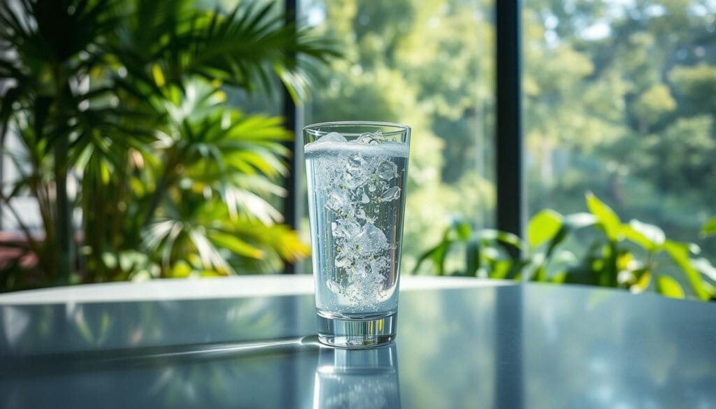 A crystal-clear glass filled with sparkling, hydrogen-rich water, positioned on a sleek, modern table against a backdrop of lush, verdant foliage. The water gently reflects the natural light filtering through large windows, creating a serene and calming atmosphere. The overall scene conveys a sense of wellness and vitality, inviting the viewer to experience the benefits of this innovative water concept. The image is captured with a wide-angle lens, emphasizing the harmonious balance of the elements and the tranquil, rejuvenating atmosphere.