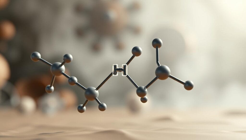 A detailed 3D molecular model of hydrogen gas, showcasing the structural mechanisms involved in oxidative stress, inflammation, and immune balance. The foreground depicts the hydrogen molecules in a sleek, minimalist style, with intricate bonds and angles highlighted. The middle ground features a hazy, ethereal backdrop, suggesting the complex interplay of biological processes. The background subtly incorporates organic forms and textures, creating a sense of depth and natural integration. Lighting is soft and diffused, casting a warm, contemplative glow on the scene. The overall composition conveys the delicate balance and importance of hydrogen's role in supporting cellular health and wellness.