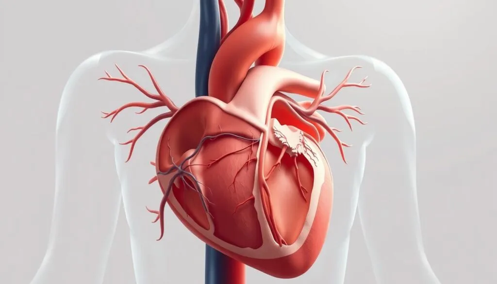 A detailed anatomical cross-section of the cardiovascular system, showcasing the intricate network of blood vessels, arteries, and the heart. The image should have a crisp, scientific illustration style with accurate anatomical details, yet maintain a sense of organic fluidity. Prominent features should include the aorta, coronary arteries, and the chambers of the heart, rendered in a subtle, muted color palette that emphasizes the delicate nature of this vital system. The lighting should be soft and directional, casting gentle shadows to accentuate the three-dimensional form. The overall composition should convey a sense of balance and harmony, reflecting the importance of cardiovascular health to human wellness.