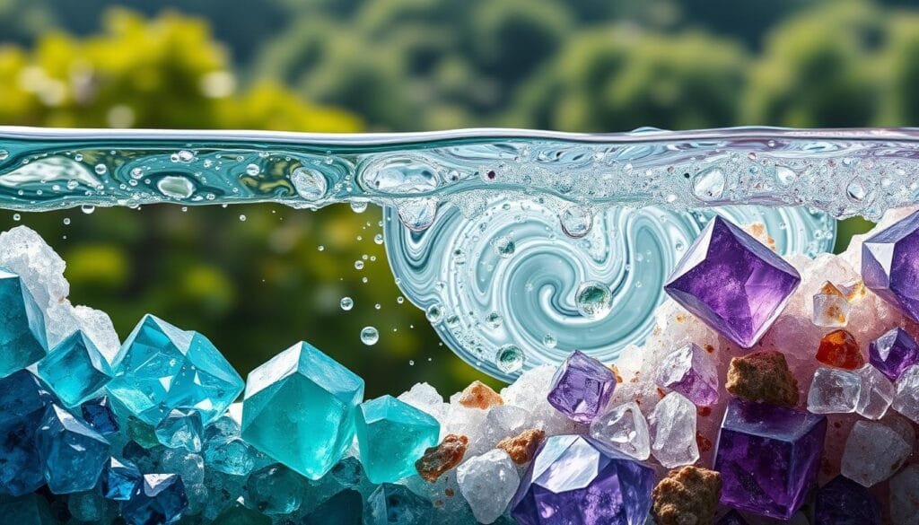 A detailed cross-section of hydrogen-infused water minerals, showcasing their unique crystalline structures and vibrancy. In the foreground, an array of gemstone-like formations in shades of azure, emerald, and amethyst, bathed in a soft, diffused lighting that accentuates their faceted surfaces. The middle ground features a swirling array of mineral-rich particulates suspended in the water, creating a mesmerizing, almost iridescent effect. In the background, a subtly blurred landscape of lush, verdant foliage sets the scene, evoking a sense of natural abundance and purity. The overall composition conveys the extraordinary mineral wealth and clarity of hydrogen-enriched water, in contrast to the more muted tones of traditional spring water.