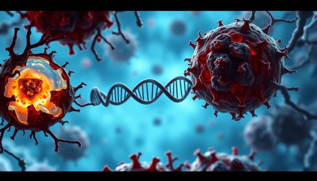 A detailed micrographic illustration of oxidative stress, showcasing a magnified view of damaged cellular structures. The foreground depicts disrupted mitochondria and oxidized lipids, with a middle layer of frayed DNA strands and dysfunctional proteins. In the background, a hazy, blue-tinted atmosphere suggests the cellular environment under duress, illuminated by a soft, diffused lighting that creates a somber, introspective mood. The image conveys the complex, multifaceted nature of oxidative stress and its impact on the delicate balance of cellular function.