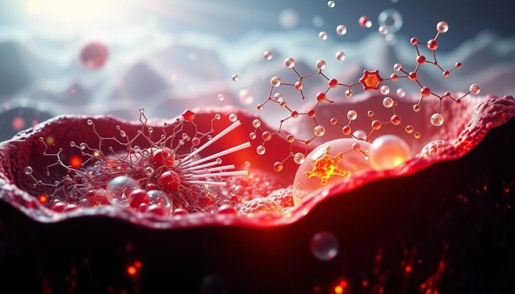 A detailed microscopic cross-section revealing the intricate interplay between oxidative stress and antioxidants. In the foreground, a vibrant network of mitochondria and free radicals engage in a dynamic dance, with beams of light and energy radiating outward. The middle ground showcases a diverse array of antioxidant molecules, each a unique geometric shape, poised to neutralize the reactive species. The background is a hazy, ethereal landscape, suggesting the broader biological context of this vital process. The overall composition conveys a sense of balance, tension, and the critical importance of maintaining redox homeostasis within the cell.