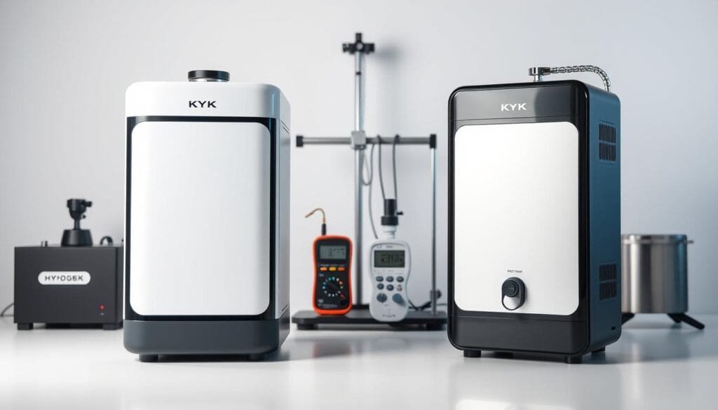 A detailed, realistic comparison of a KYK hydrogen water generator and an alkaline water ionizer, showcased in a well-lit, professional studio setting. The foreground features the two devices side-by-side, their sleek designs and control panels clearly visible. The middle ground shows test equipment, like pH meters and water quality analysis tools, highlighting the technical aspects. The background has a clean, minimalist backdrop, emphasizing the products' features. Soft, directional lighting accentuates the devices' materials and finishes, while a shallow depth of field keeps the focus on the key elements. The overall mood is one of informed, impartial comparison, inviting the viewer to evaluate the technologies.