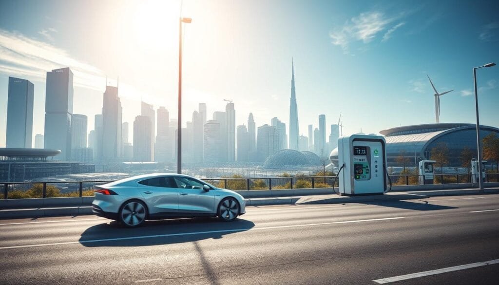 A futuristic scene of hydrogen transportation. In the foreground, a sleek hydrogen-powered electric vehicle glides silently along a modern city street, its aerodynamic design and glow of clean energy hinting at its revolutionary propulsion. In the middle ground, a hydrogen refueling station stands tall, its pipes and nozzles poised to quickly refill vehicles with the abundant, emission-free fuel. In the background, a skyline of gleaming skyscrapers and renewable energy installations creates an atmosphere of technological progress and environmental sustainability. Crisp, evenly-distributed lighting from an unseen source illuminates the scene with a sense of optimism and forward momentum.