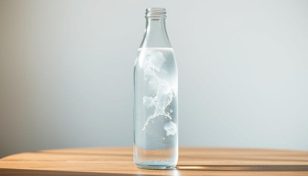 A glass bottle filled with crystal clear, effervescent hydrogen water, sitting on a wooden table with a minimalist white background. Soft, natural lighting illuminates the bottle, highlighting the delicate bubbles rising within. The bottle's sleek, modern design reflects the pure, healthy essence of the hydrogen-infused liquid. A sense of refreshment and purity pervades the scene, inviting the viewer to imagine the revitalizing experience of drinking this unique, functional water.