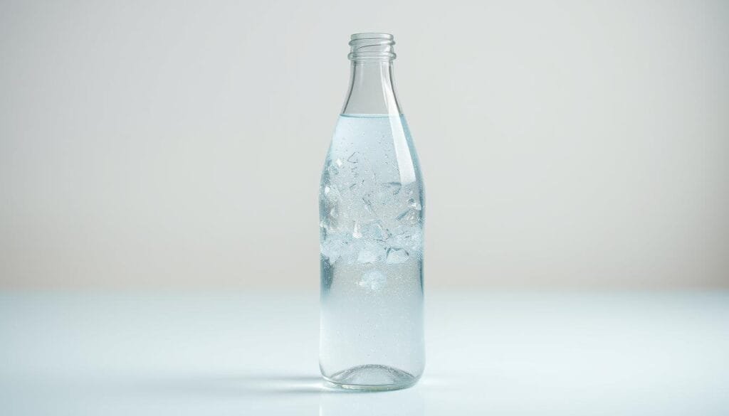 A glass bottle filled with sparkling, crystal-clear hydrogen-infused water, set against a clean, minimalist backdrop. The bottle's sleek, modern design reflects the purity and simplicity of the water inside. Soft, natural lighting illuminates the bottle, highlighting the water's tranquil, almost ethereal quality. The scene evokes a sense of refreshing, rejuvenating calmness, inviting the viewer to experience the unique, crisp taste of hydrogen water.