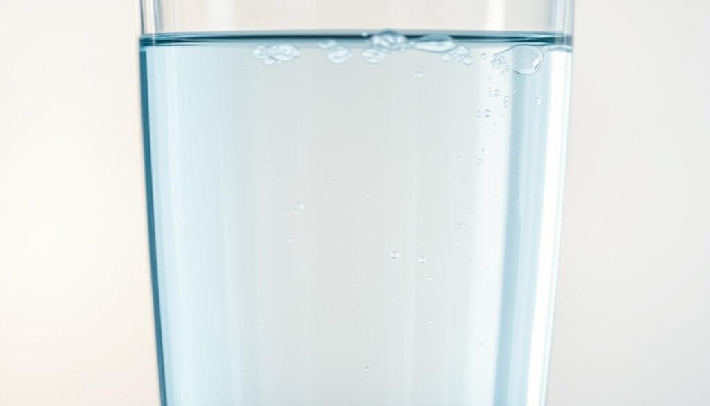 A glass container filled with clear, sparkling water, with a few rising bubbles and a subtle hue of blue-green. The water's surface reflects the clean, minimalist design of the glass, creating a sense of purity and clarity. In the background, a soft, natural light illuminates the scene, casting a warm, inviting glow. The overall composition conveys a sense of wellness, hydration, and the health benefits of hydrogen-infused water.
