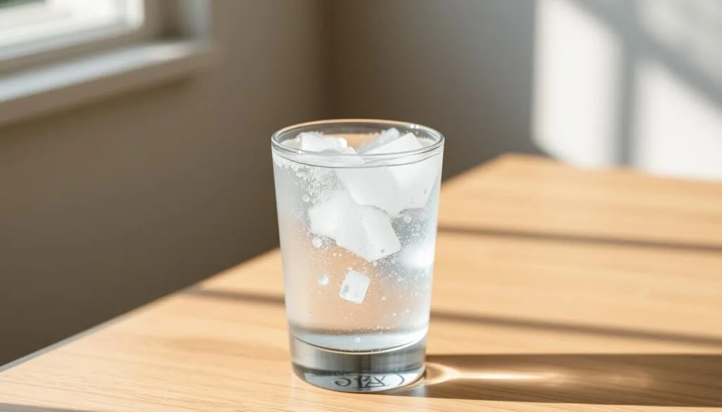 A glass filled with clear, bubbly liquid, hydrogen gas gently rising within, illuminated by soft, natural lighting from a window. The beverage rests on a minimalist, wooden table, a neutral backdrop allowing the effervescent liquid to be the focal point. The composition is clean and balanced, highlighting the simple, yet intriguing properties of hydrogen-infused water, a concept both scientifically fascinating and visually captivating.