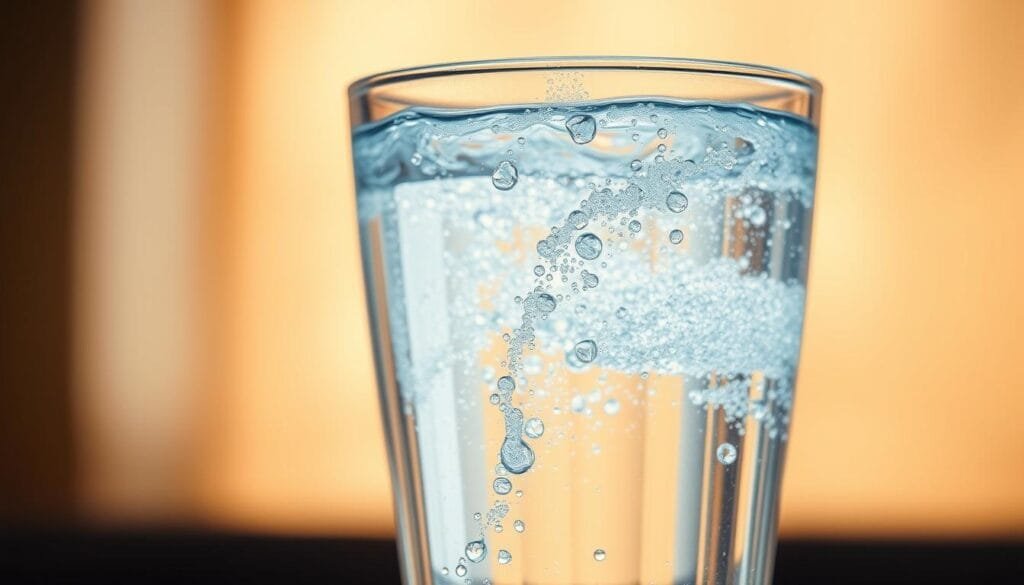 A glass filled with crystal-clear water, emitting a soft, ethereal glow. The liquid appears to shimmer and sparkle, hinting at the presence of something extraordinary. In the foreground, a gentle stream of tiny bubbles rises to the surface, creating a mesmerizing, calming effect. The background is slightly blurred, keeping the focus on the captivating water. Warm, natural lighting illuminates the scene, evoking a sense of tranquility and wellness. The overall composition suggests the profound, therapeutic nature of this "hydrogen water," which holds the power to nourish and revitalize both body and mind.