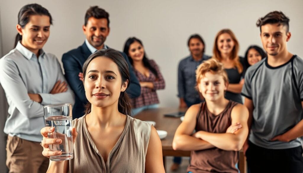 A group of diverse individuals standing or sitting, their expressions and postures conveying different attitudes towards the concept of hydrogen water. The foreground features a woman sipping from a glass of water, her face radiating a sense of wellness and vitality. To her left, a businessman in a suit appears more skeptical, arms crossed, while a young athlete to the right enthusiastically embraces the idea. In the background, a family gathers around a table, some looking intrigued, others seemingly indifferent. The lighting is warm and natural, capturing the mood of an open and thoughtful discussion about the potential benefits of hydrogen water.