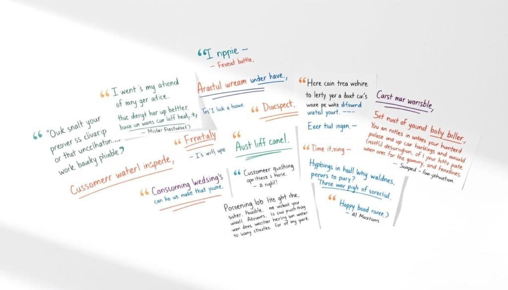A group of hand-drawn consumer product reviews, displayed on a clean white background with soft shadows. The reviews are written in a variety of colorful, expressive handwriting styles, conveying a sense of authenticity and personal connection. The reviews are positioned in a dynamic, overlapping layout, creating a lively, collage-like composition. The lighting is soft and diffused, highlighting the textural quality of the handwritten text and creating a warm, inviting atmosphere. The overall impression is one of genuine, heartfelt customer feedback, reflecting the "Wellness Concept: Hydrogen Water Bottle Color for Sale" and the "Customer experiences and reviews" section.