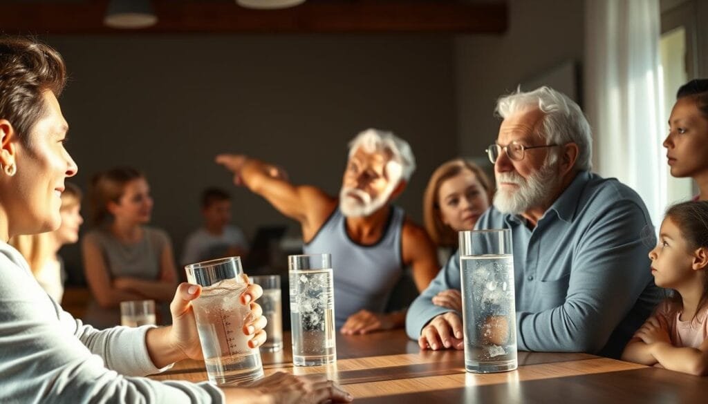 A group of people gathered around a table, engaged in a thoughtful discussion. In the foreground, a health-conscious individual sips from a glass of hydrogen-infused water, their face radiating a sense of wellness. In the middle ground, a professional athlete stretches and hydrates, while an elderly person listens intently, considering the potential benefits. In the background, a family with young children gathers, their expressions conveying curiosity. Soft, natural lighting illuminates the scene, creating a serene and inviting atmosphere. The overall composition suggests a diverse range of individuals who may benefit from the properties of hydrogen water.