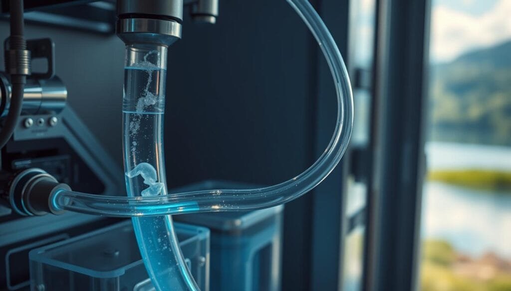 A high-contrast close-up shot of a dialysis machine's transparent tubing, filled with a glowing, iridescent liquid that appears to be hydrogen-enriched water. The tubing snakes through a sleek, modern medical apparatus, with metallic accents and clean, minimalist design. The lighting is cool and clinical, casting sharp shadows and highlights that accentuate the machine's mechanical components. In the background, a blurred view of a serene, natural landscape, with lush greenery and a tranquil body of water, suggesting the connection between the technological and the organic. The overall mood is one of innovation, health, and the fusion of technology and nature.