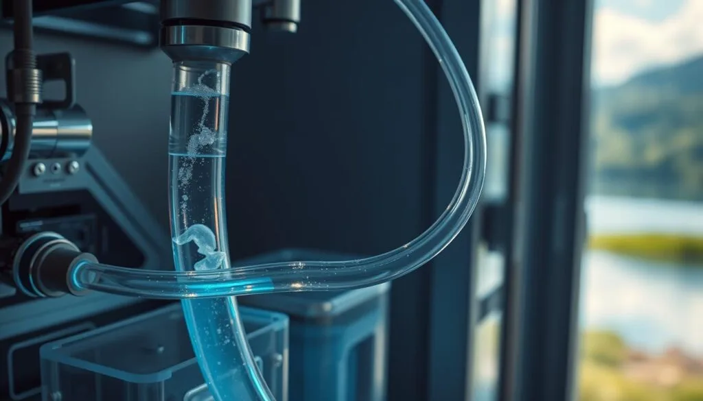 A high-contrast close-up shot of a dialysis machine's transparent tubing, filled with a glowing, iridescent liquid that appears to be hydrogen-enriched water. The tubing snakes through a sleek, modern medical apparatus, with metallic accents and clean, minimalist design. The lighting is cool and clinical, casting sharp shadows and highlights that accentuate the machine's mechanical components. In the background, a blurred view of a serene, natural landscape, with lush greenery and a tranquil body of water, suggesting the connection between the technological and the organic. The overall mood is one of innovation, health, and the fusion of technology and nature. A high-contrast close-up shot of a dialysis machine's transparent tubing, filled with a glowing, iridescent liquid that appears to be hydrogen-enriched water. The tubing snakes through a sleek, modern medical apparatus, with metallic accents and clean, minimalist design. The lighting is cool and clinical, casting sharp shadows and highlights that accentuate the machine's mechanical components. In the background, a blurred view of a serene, natural landscape, with lush greenery and a tranquil body of water, suggesting the connection between the technological and the organic. The overall mood is one of innovation, health, and the fusion of technology and nature.