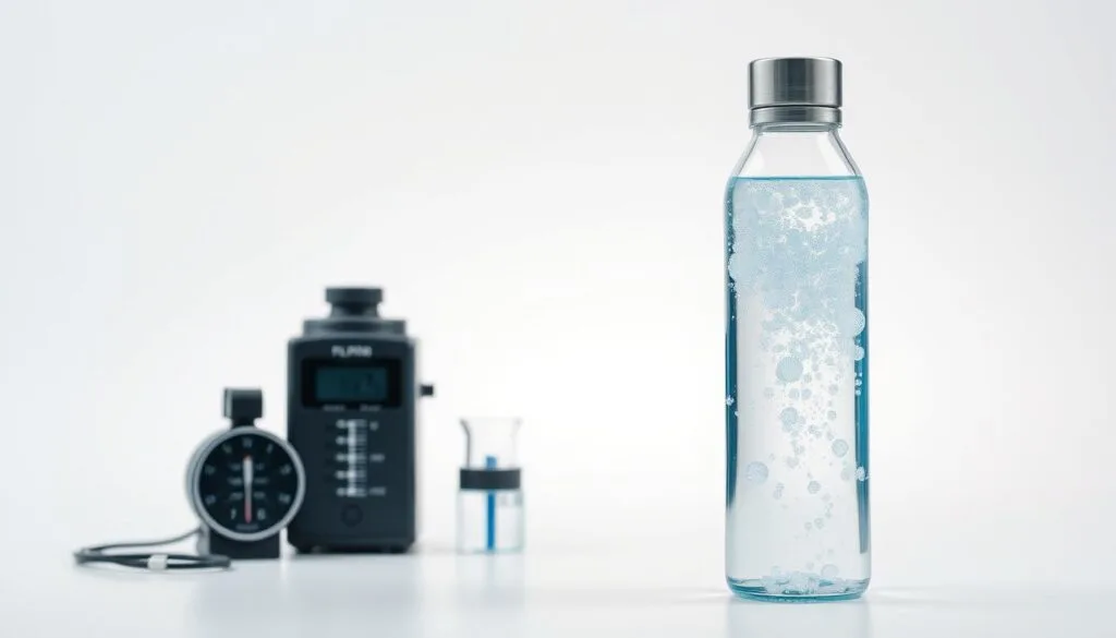 A high-quality hydrogen water bottle in a well-lit studio setting. The bottle is positioned prominently in the foreground, its sleek, transparent design showcasing the bubbling hydrogen-infused water within. The middle ground features various accessories like a measuring device and a PPM tester, highlighting the technical aspects of the product. The background is a clean, minimalist backdrop, allowing the bottle and its features to take center stage. Soft, even lighting from multiple angles accentuates the bottle's clarity and the effervescence of the water, creating an inviting and informative composition. A high-quality hydrogen water bottle in a well-lit studio setting. The bottle is positioned prominently in the foreground, its sleek, transparent design showcasing the bubbling hydrogen-infused water within. The middle ground features various accessories like a measuring device and a PPM tester, highlighting the technical aspects of the product. The background is a clean, minimalist backdrop, allowing the bottle and its features to take center stage. Soft, even lighting from multiple angles accentuates the bottle's clarity and the effervescence of the water, creating an inviting and informative composition.