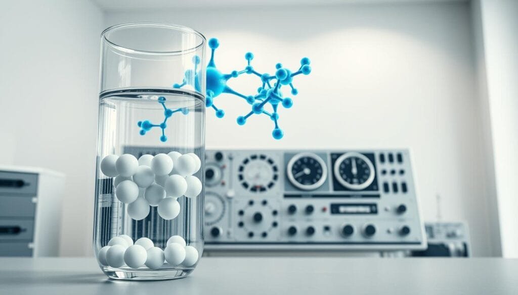 A high-resolution image depicting the concept of "hydrogen regulation" for a wellness article. In the foreground, a transparent glass container filled with hydrogen gas, its molecules represented by white spheres. Surrounding the container, a detailed molecular structure of hydrogen regulation enzymes, rendered in vibrant blues and greens. In the middle ground, a meticulously designed control panel with various dials, switches, and gauges, symbolizing the precise management of hydrogen levels. The background features a serene, minimalist laboratory setting with clean, white walls and soft, diffused lighting, creating a sense of scientific investigation and wellness. The overall composition conveys the importance of carefully monitoring and regulating hydrogen to support cellular health.