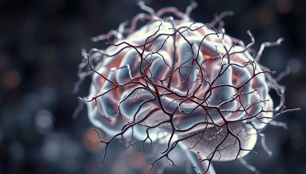 A highly detailed, scientifically accurate image of a "tau brain" against a softly blurred, ethereal backdrop. In the foreground, an intricate network of hyperphosphorylated tau protein filaments, rendered with exquisite precision, tangled and twisted into neurofibrillary tangles characteristic of Alzheimer's pathology. The middle ground depicts the delicate neuronal structures, with individual neurons and their axons visible. In the background, a subtly glowing, dreamlike atmosphere evokes a sense of the complex, mysterious nature of the human brain. Lighting is soft and diffused, creating a contemplative, almost meditative mood. The overall composition conveys the gravity and importance of understanding tau protein dynamics in the development of Alzheimer's disease.