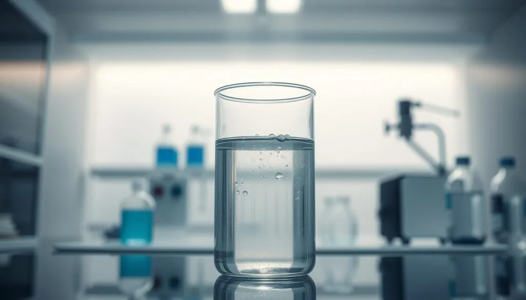 A laboratory glassware setup featuring a clear glass beaker filled with a shimmering, translucent liquid against a backdrop of a clean, modern medical lab environment. The liquid gently emits a faint, ethereal glow, subtly hinting at the presence of dissolved hydrogen. Bright, directional lighting from above casts soft shadows, accentuating the depth and clarity of the water. The camera angle is slightly elevated, providing a precise, clinical perspective that showcases the scientific nature of the scene. The overall mood is one of clinical precision and scientific exploration, inviting the viewer to consider the potential therapeutic applications of hydrogen-rich water.