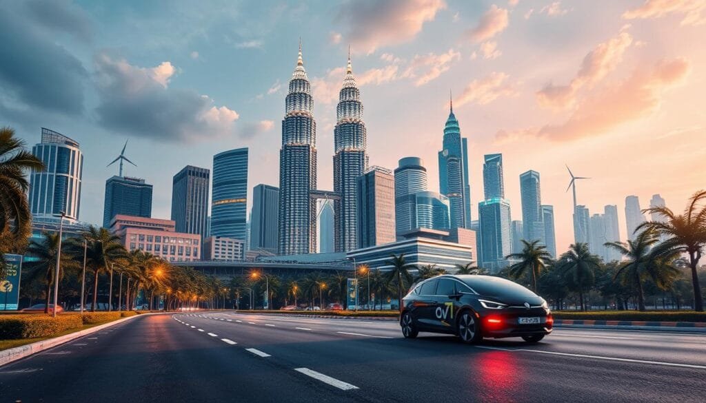A majestic futuristic cityscape of Kuala Lumpur, Malaysia, illuminated by the warm glow of hydrogen energy. In the foreground, a sleek hydrogen-powered vehicle glides silently along a clean, tree-lined boulevard. Towering skyscrapers with solar panels and wind turbines dot the middle ground, while in the background, the iconic Petronas Towers stand as a beacon of Malaysia's commitment to renewable energy. The scene evokes a sense of technological progress and environmental harmony, showcasing how hydrogen can power a sustainable and prosperous future for the nation.