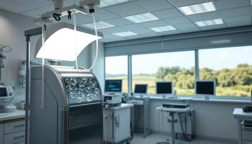 A medical laboratory setting, well-lit and sterile. In the foreground, a dialysis machine stands prominently, its sleek metallic exterior reflecting the bright overhead lighting. Tubes and pipes carrying a clear, shimmering liquid - hydrogen-rich water - flow into and out of the machine, creating a sense of technological precision. The middle ground features various medical instruments and monitors, conveying the advanced nature of the treatment. In the background, a large window offers a view of a tranquil, natural landscape, creating a soothing contrast to the clinical environment. The overall atmosphere is one of scientific innovation and the potential to address the challenges of oxidative stress and fatigue associated with kidney conditions and dialysis.