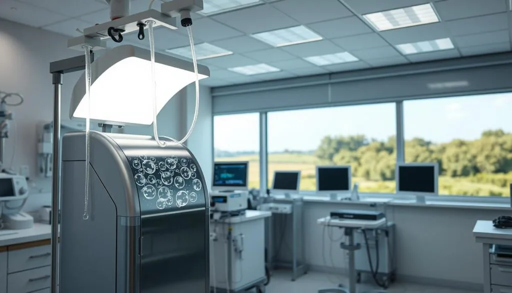 A medical laboratory setting, well-lit and sterile. In the foreground, a dialysis machine stands prominently, its sleek metallic exterior reflecting the bright overhead lighting. Tubes and pipes carrying a clear, shimmering liquid - hydrogen-rich water - flow into and out of the machine, creating a sense of technological precision. The middle ground features various medical instruments and monitors, conveying the advanced nature of the treatment. In the background, a large window offers a view of a tranquil, natural landscape, creating a soothing contrast to the clinical environment. The overall atmosphere is one of scientific innovation and the potential to address the challenges of oxidative stress and fatigue associated with kidney conditions and dialysis. A medical laboratory setting, well-lit and sterile. In the foreground, a dialysis machine stands prominently, its sleek metallic exterior reflecting the bright overhead lighting. Tubes and pipes carrying a clear, shimmering liquid - hydrogen-rich water - flow into and out of the machine, creating a sense of technological precision. The middle ground features various medical instruments and monitors, conveying the advanced nature of the treatment. In the background, a large window offers a view of a tranquil, natural landscape, creating a soothing contrast to the clinical environment. The overall atmosphere is one of scientific innovation and the potential to address the challenges of oxidative stress and fatigue associated with kidney conditions and dialysis.
