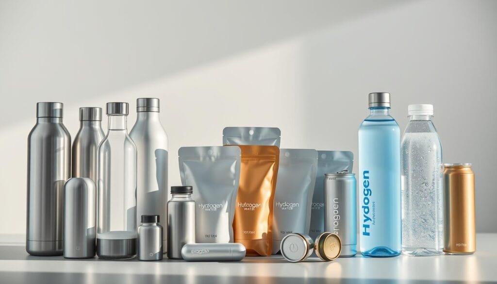 A meticulously composed still life showcasing an assortment of hydrogen water containers in various formats. In the foreground, a collection of sleek, futuristic-looking bottles and canisters, their surfaces reflecting the gentle lighting. In the middle ground, a variety of portable pouches and cans, each designed for easy travel and hydration on-the-go. The background features a minimalist, clean-lined setup, allowing the products to take center stage. The overall mood is one of modern sophistication and wellness, capturing the essence of "Hydrogen Water for Jet Lag Recovery".