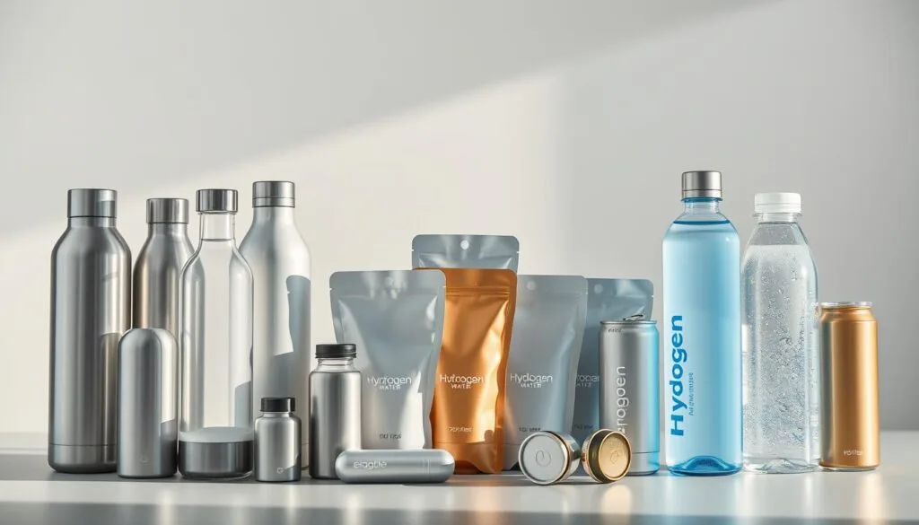 A meticulously composed still life showcasing an assortment of hydrogen water containers in various formats. In the foreground, a collection of sleek, futuristic-looking bottles and canisters, their surfaces reflecting the gentle lighting. In the middle ground, a variety of portable pouches and cans, each designed for easy travel and hydration on-the-go. The background features a minimalist, clean-lined setup, allowing the products to take center stage. The overall mood is one of modern sophistication and wellness, capturing the essence of "Hydrogen Water for Jet Lag Recovery". A meticulously composed still life showcasing an assortment of hydrogen water containers in various formats. In the foreground, a collection of sleek, futuristic-looking bottles and canisters, their surfaces reflecting the gentle lighting. In the middle ground, a variety of portable pouches and cans, each designed for easy travel and hydration on-the-go. The background features a minimalist, clean-lined setup, allowing the products to take center stage. The overall mood is one of modern sophistication and wellness, capturing the essence of "Hydrogen Water for Jet Lag Recovery".